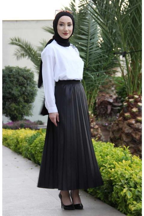 BURCU TESETTÜR Kadın Siyah Piliseli Etek