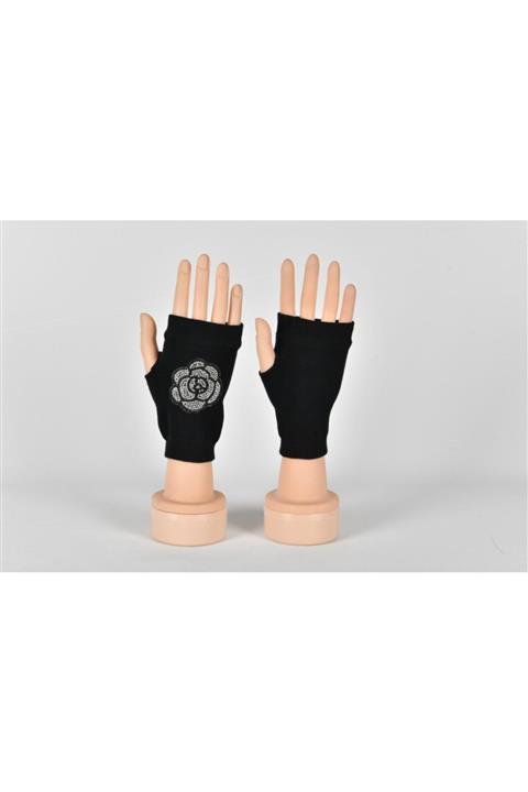 Gezgin tekstil ve aksesuar Kadın Siyah Gül Motifli Taşlı Likra Eldiven