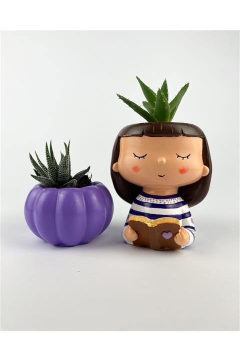 Artall Design 2'li Özel Tasarım Mor Kitap Okuyan Kız Ve Kabak Saksı Seti Çiçek Dahil