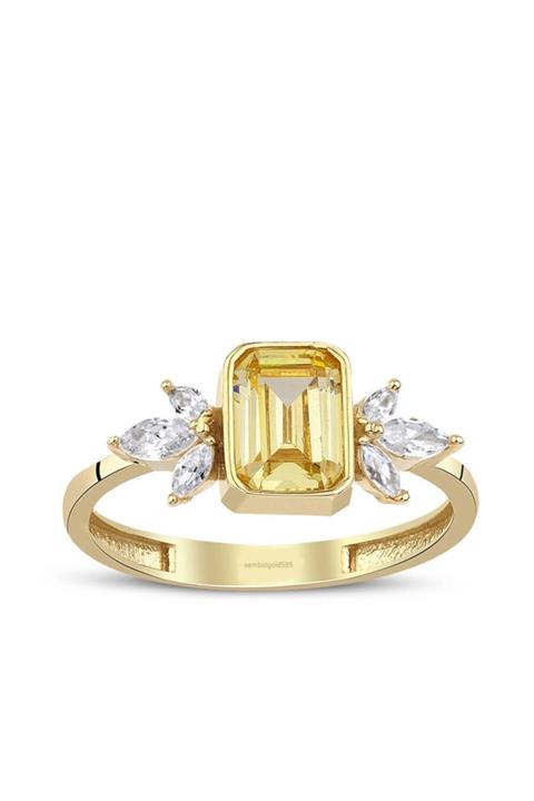 Sembol Gold Sarı Citrin Baget Altın Altın Yüzük Markiz Taşlı