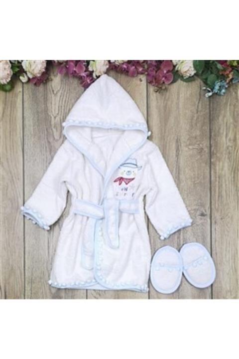 Ekebaby Erkek Bebek Mavi Kutulu Bornoz Seti