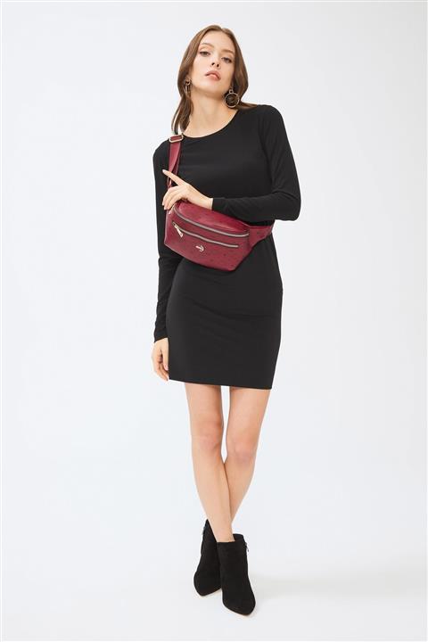 Deri Company Kadın Bordo Siyah Monogram Desenli Bel Çantası 214037