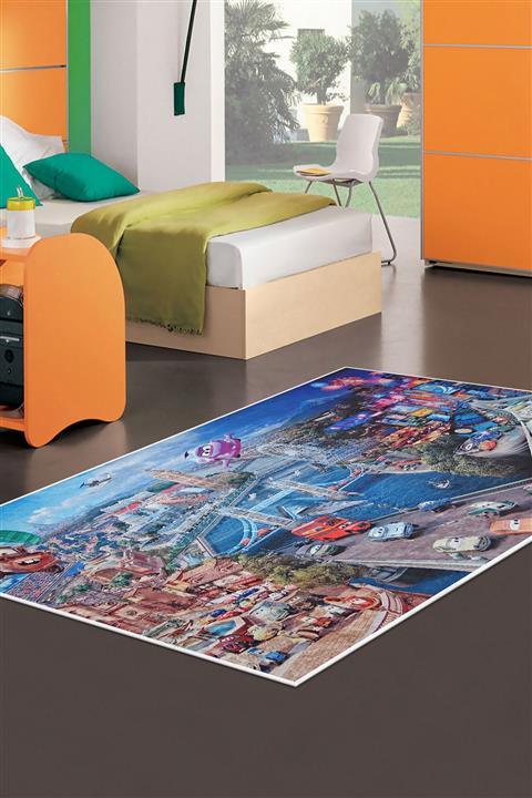 Dijidekor Kaymaz Taban Dijital Halı Yıkanabilir Erkek Çocuk Odası Halısı Araba Mavi