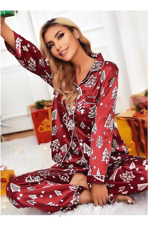 Nilay Yılbaşı Özel Kırmızı Önden Düğmeli Pijama Takımı 5002