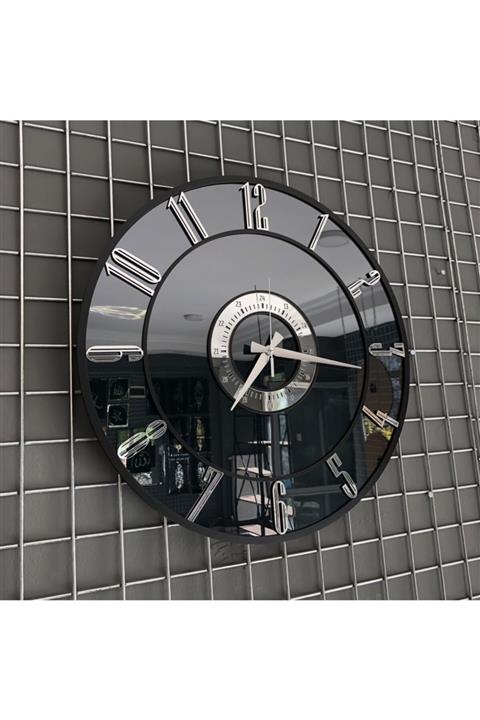 Kuzata Duvar Saatleri - Siyah Pleksi Aynalı -gümüş Ayna Rakamlı - Sessiz Akar Saniye 70 Cm