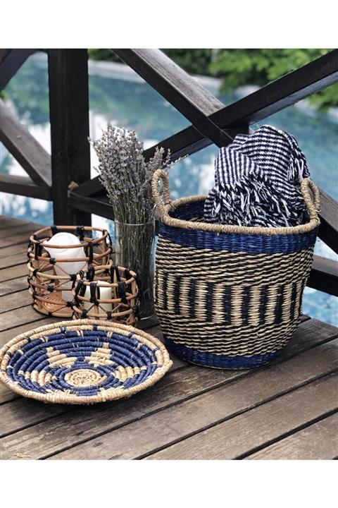 did homeware Sümer Xlarge Boy Naturel Örme Lacivert Dekoratif Hasır Sepet