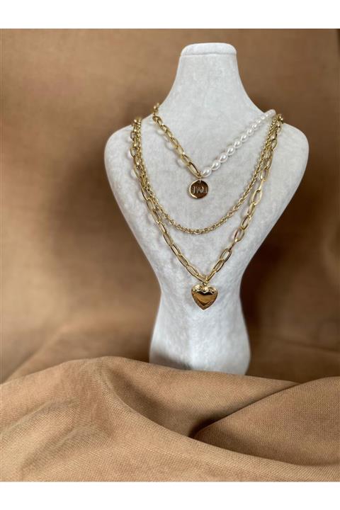 Alle Accessories Kadın Inci Detaylı 3'lü Çelik Kolye