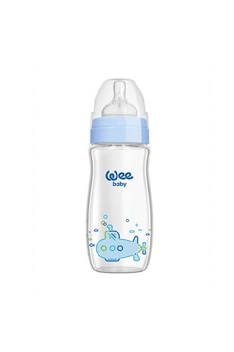 Wee Baby Mavi Baskılı Geniş Ağızlı Cam Biberon 280 ml