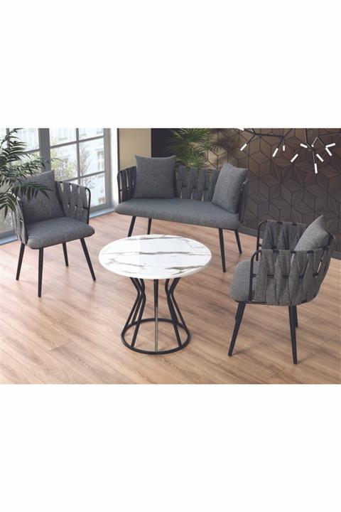 Emma Concept Çay Seti Oturma Takımı + Masa Metal Mat Siyah Gri Keten Kumaş ( Ofis, Cafe, Bahçe, Bekleme )