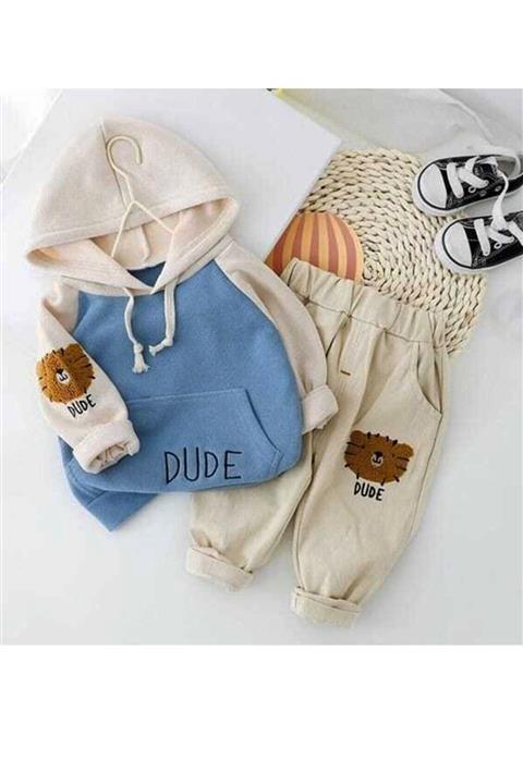 Mai Perla Kapüşonlu Dude Basklı 2'li Bebek Takım
