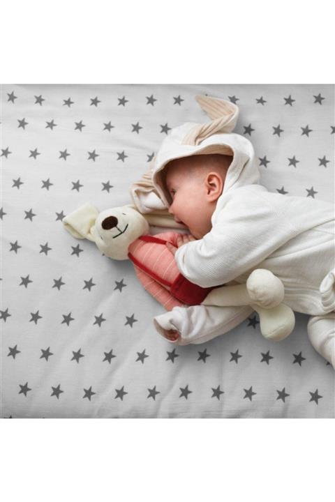 Bebek Özel %100 Pamuk Bebek Ve Çocuk Lastikli Çarşaf 100x200 Gri Büyük Yıldızlı