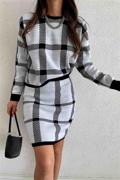 BUTİSSA Kadın Siyah Beyaz Triko Bluz Ve Etek Alt Üst Takım