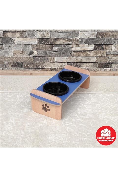 Hural Ahsap Ddekorasyon Ahşap Seramik Kedi Köpek Mama Ve Su Kabı – Mavi