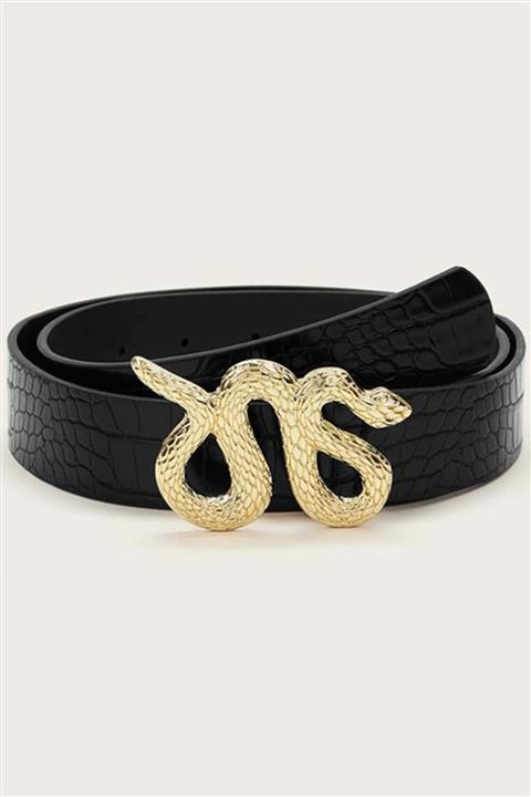 GLANSEO Kadın Siyah Yılan Temalı Kroko Desen Lüx Kemer