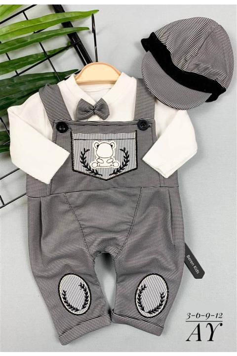 Beren Kids Ayıcık Desenli Papyonlu Şapkalı Bebek Takımı