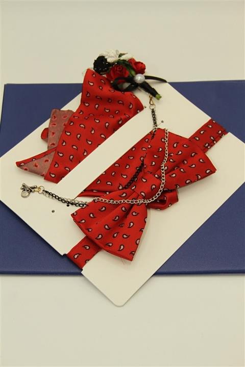 Tr10 Kırmızı Papyon Mendil Çiçek Zincir Set