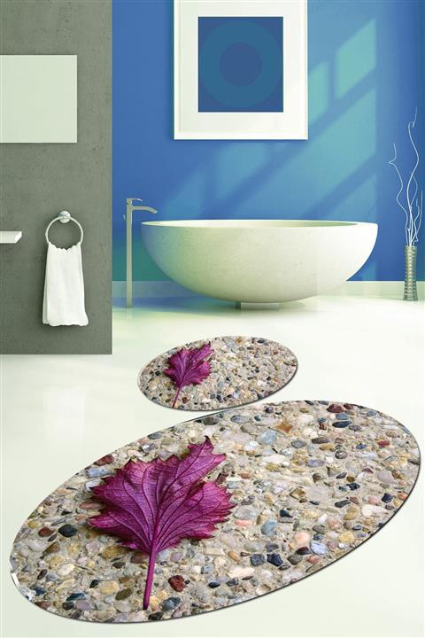 Else Halı Kadser Mor Yaprak 3d Oval Banyo Paspas Seti Klozet Takım