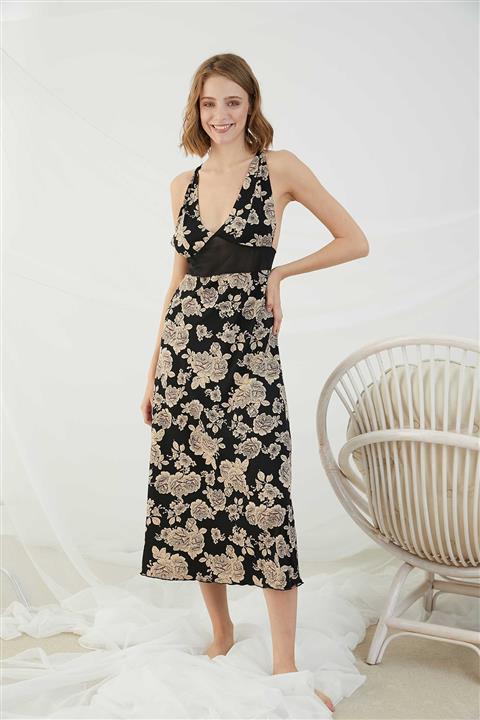 Sevim Kadın Siyah Çiçekli Tül Detaylı Uzun Gecelik