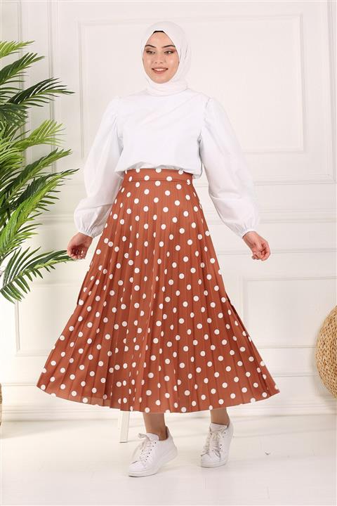 ALLMİRA FASHION Kadın Kiremit Tesettür Puantiyeli Piliseli Etek