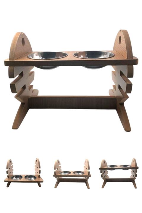 Buffer Ahşap Kedi Köpek Tavşan 6 Seviye Ayarlanır Ikili Paslanmaz Çelik Kase Su Mama Kabı Standı