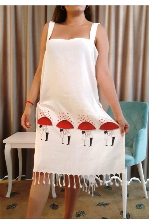 lizzamoda Kadın Beyaz Peştamal Askılı Elbise