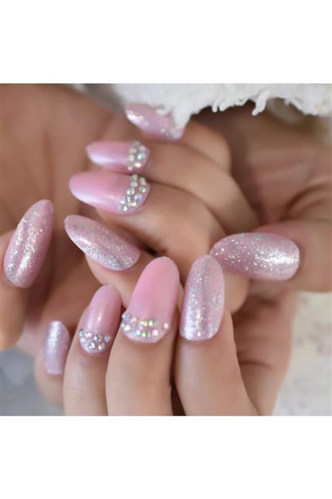 EDA LUXURY BEAUTY Pembe Simli Takma Tırnak Lüks 3d Kristal Taşlı Desenli Uzun Oval Yuvarlak Stiletto Nail Art Set