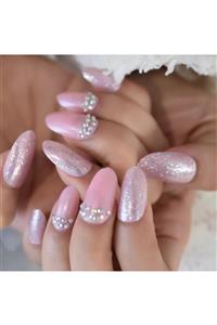 EDA LUXURY BEAUTY Pembe Simli Takma Tırnak Lüks 3d Kristal Taşlı Desenli Uzun Oval Yuvarlak Stiletto Nail Art Set