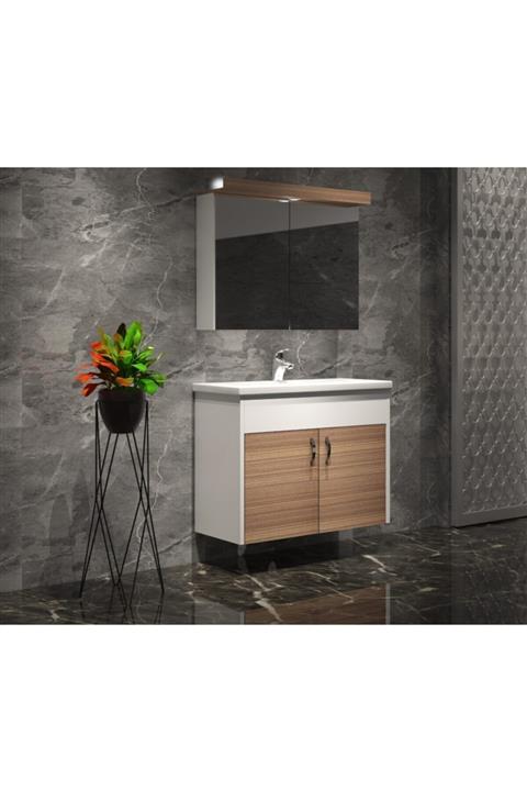 ÖZCEDEN Kapaklar Teak Renkli Çiğdem Banyo Dolabı Takımı 80 cm
