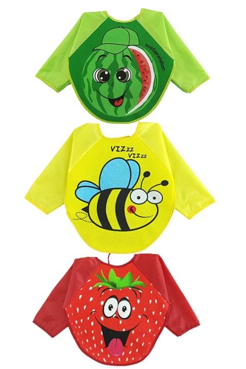 ÖZLEM BEBE 3 Adet ( Arı Çilek Karpuz ) Desenli Bebek Mama Önlüğü