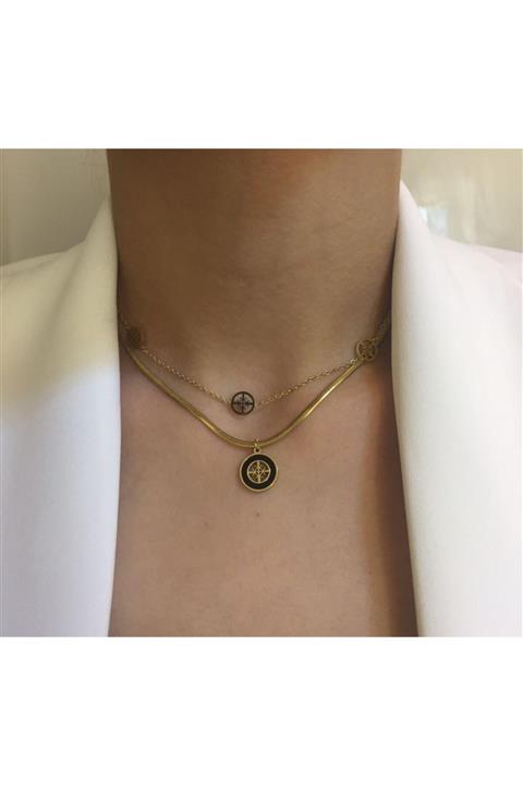 Ankı Siyah Taşlı Etnik Desenli Çoklu Kolye