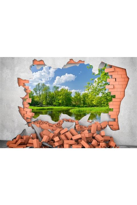 Renkli Duvarlar Kırık Duvardan Göl Orman Manzara Duvar Kağıdı 5.00x2.70