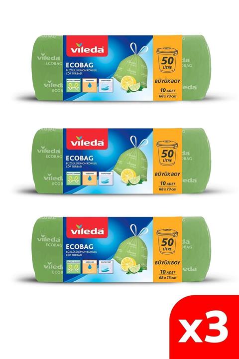 Vileda Büzgülü Limon Kokulu Çöp Torbası Büyük Boy 10'lu 3'lü Paket