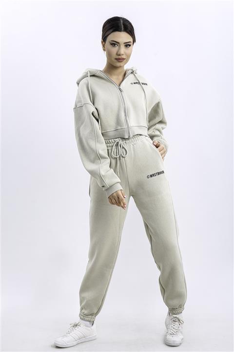 Lalibertaa Bej Renk Paça Bel Lastikli Bağcıklı Fermuarlı Crop Ceket- Eşofman Takım