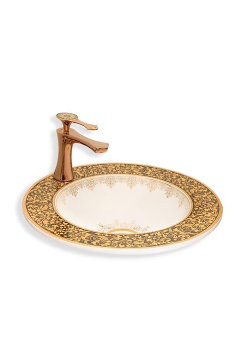 EVA BANYO Lena Yarımtezgah Üstü Lavabo Beyaz&gold E-3055a