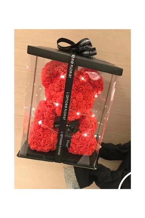 nesever Işıklı Teddy Rose Bear Güllü Ayıcık Şeffaf Kutulu - Kırmızı