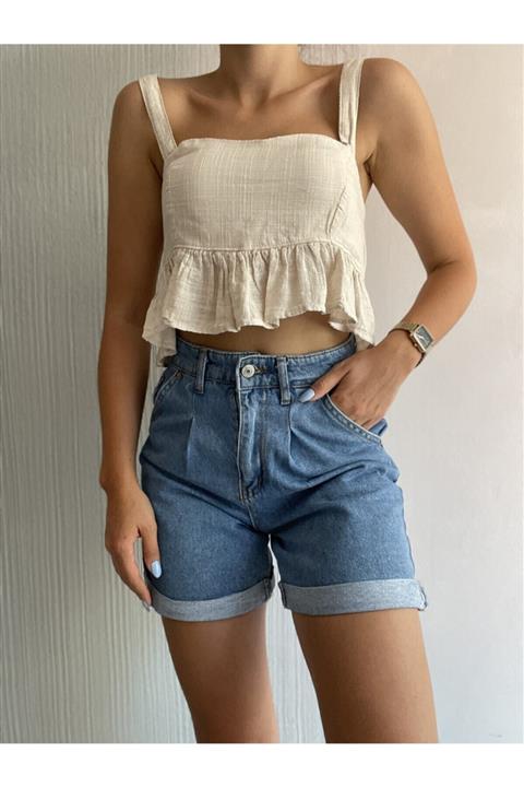 Erşan Giyim Pileli Duble Paça Jean Şort Açık Mavi Mom8021159