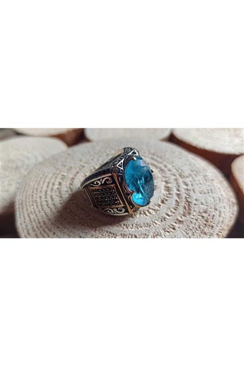 everest silver Mavi Kehribar Taşlı 925 Ayar Erkek Gümüş Yüzük Kenarları Siyah Zirkon Taşlı