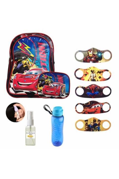 Mashotrend Araba Baskılı Okul Çantası - Ilk Okul Çantası + Beslenme + 5 Adet Maske + 30 ml Kolonya + Suluk