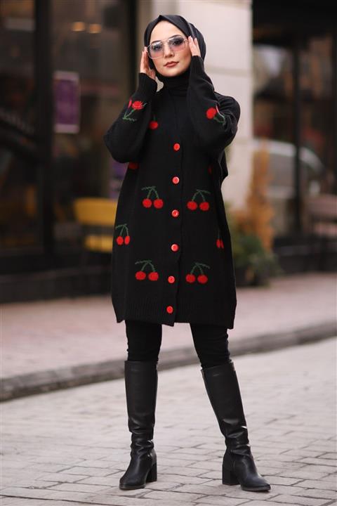 Moda Sahra Kirazlı Tesettür Hırka Siyah