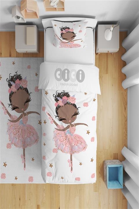 CİCİ TASARIM ÜRÜNLERİ Pembe Elbiseli Yıldızlı Balerin Çocuk Bebek Odası Nevresim Takımı