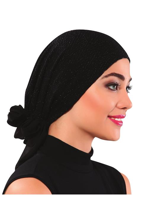 fidan bone Brokar Tüllü Siyah Simli Hazır Türban Tesettür Bone