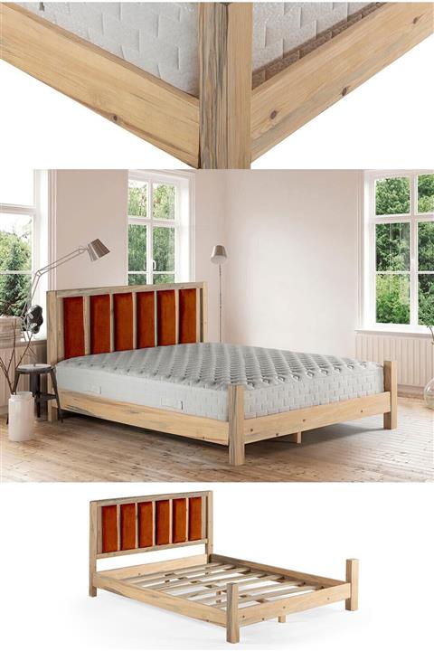 RENAZZO Orion Doğal Vernikli Masif Çam Karyola Kiremit Puflu Başlık