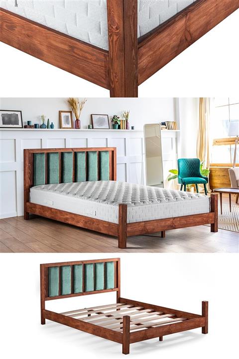 Alp Orion Doğal Fındık Renk Masif Çam Karyola Çağla Yeşili Puflu Başlık