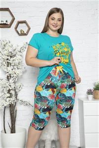 MyBen Büyük Beden Kapri Pijama Takımı Mavi Renkli Baskılı Kısa Kollu Battal Pijama Takımı 50050