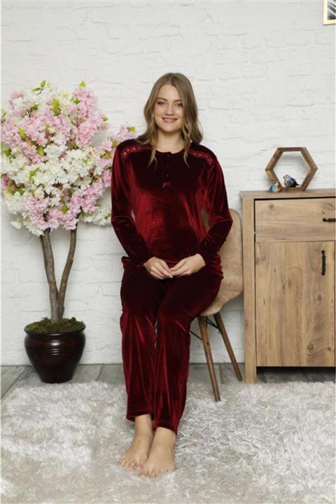 Manolya Kadın Açık Bordo Kadife  Renk 3 Düğmeli Pijama Takım