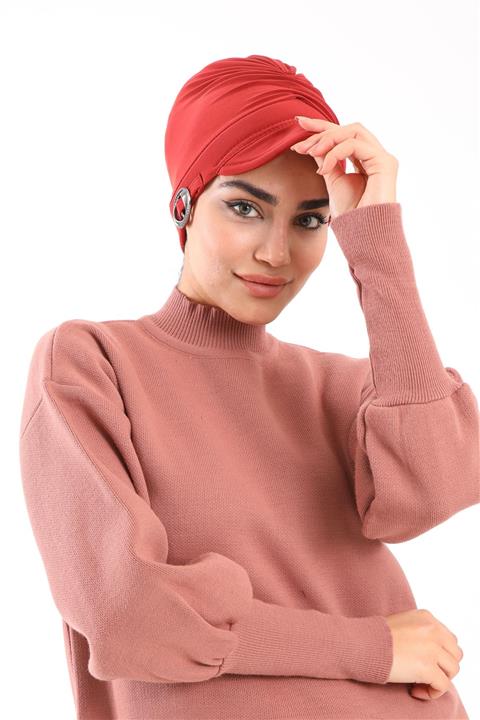 LadyColor Kadın Tesettür Bone Tokalı Şapkalı Kiremit