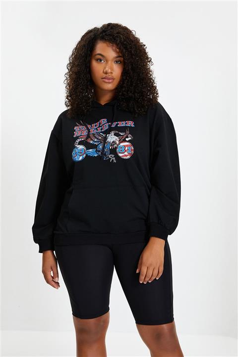 TRENDYOLMİLLA Siyah Baskılı Oversize Örme İnce Sweatshirt TWOAW22SW0921