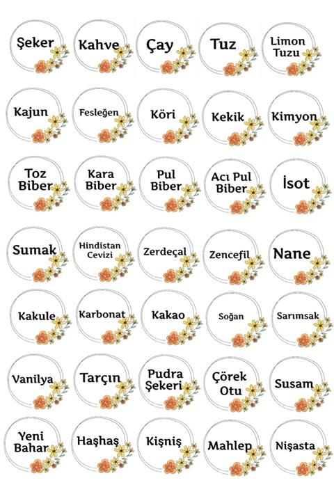 LALEZEN 45 Çeşit Mutfak Kavanoz Baharatlık Sticker - Baharat Bakliyat Etiket - Hediyeli Gönderim-