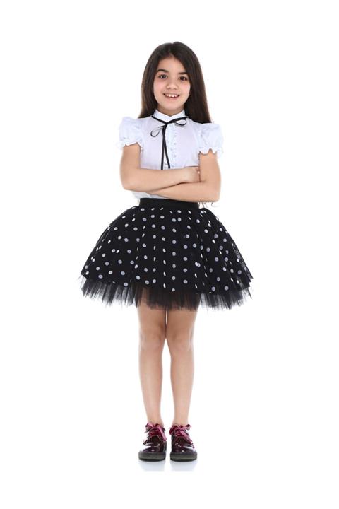 Tülü Akkoç Tütü Etek- Gömlek Takım (siyah-beyaz Puantiyeli)