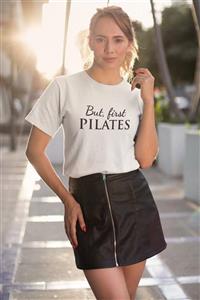 Soul True Kadın Beyaz %100 Pamuk Bisiklet Yaka Regular Unisex Yarım Kollu But First Pilates Tasarım T-shirt